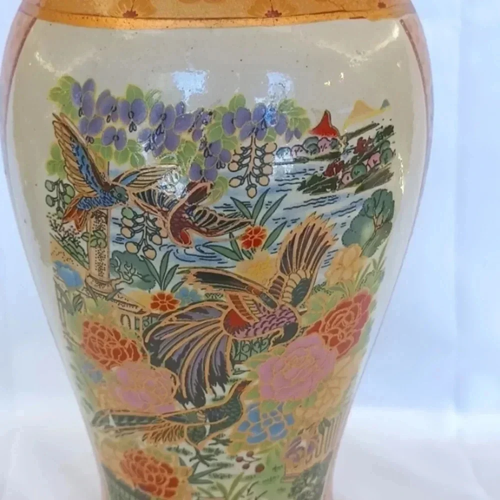 Vintage Hand-painted Asian Oriental Vase with Birds Flowers and Gold Accents